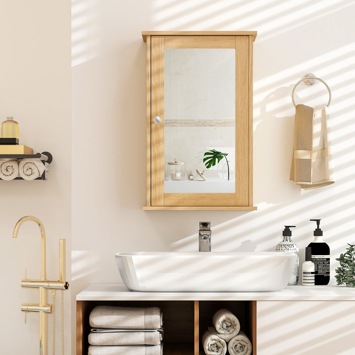 Bathroom Medicine Cabinet with Mirror and Adjustable Shelf-Natural