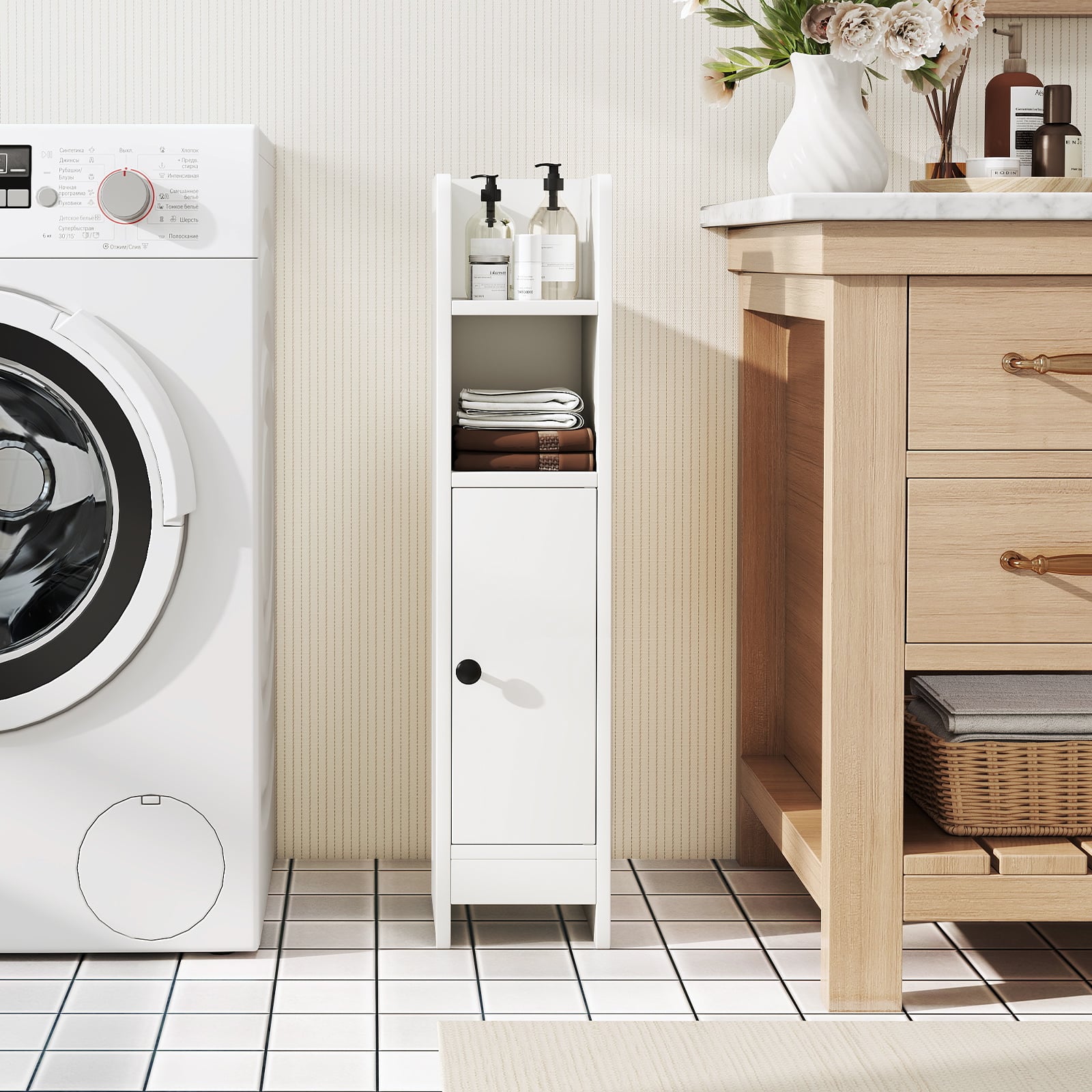 Bathroom Storage Cabinet with Door and Adjustable Shelves-White