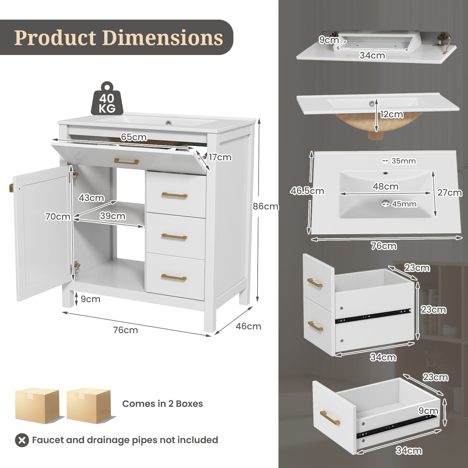 Bathroom Vanity with Sink and 2 Drawers and 1 Cabinet-White