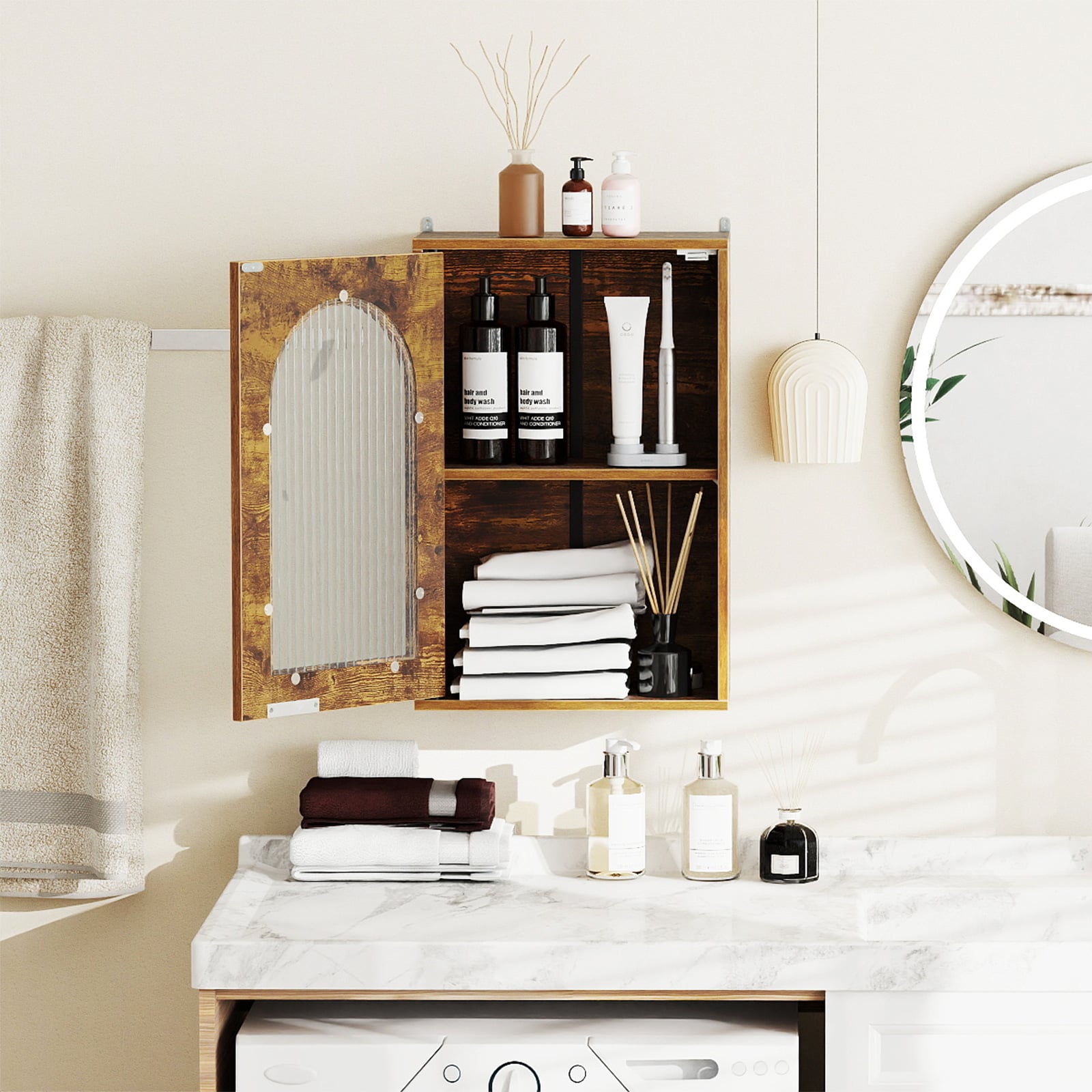 Bathroom Wall Cabinet with Tempered Glass Door and Adjustable Shelf-Brown