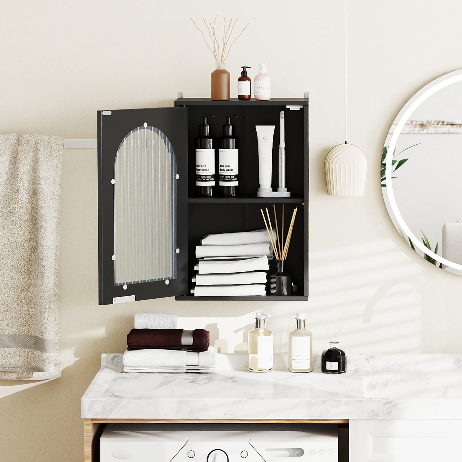 Bathroom Wall Cabinet with Tempered Glass Door and Adjustable Shelf-Black