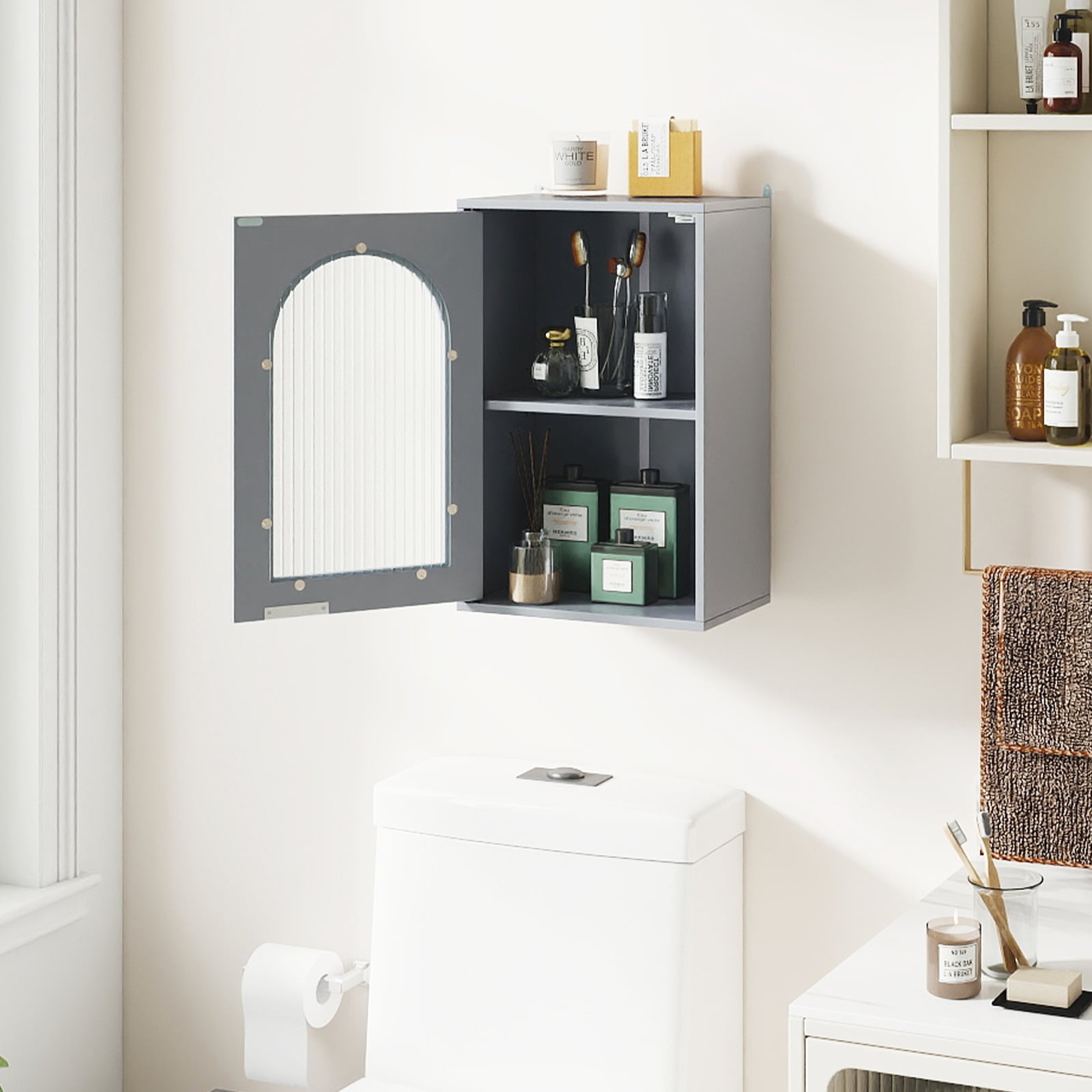 Bathroom Wall Cabinet with Tempered Glass Door and Adjustable Shelf-Grey