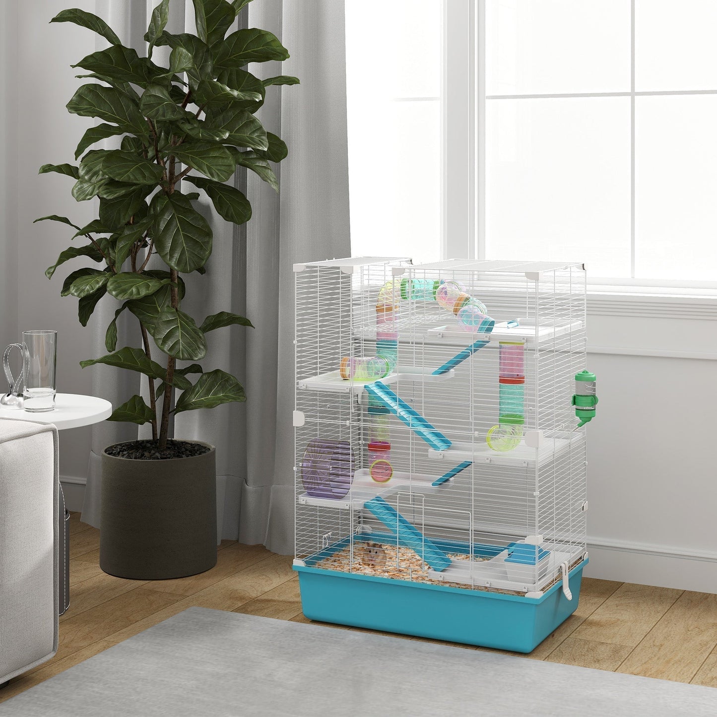PawHut 6 Tier Hamster Cage, Small Animal Cage with Tubes, Exercise Wheel, Ramps, Hut, Food Dish, Water Bottle, Light Blue