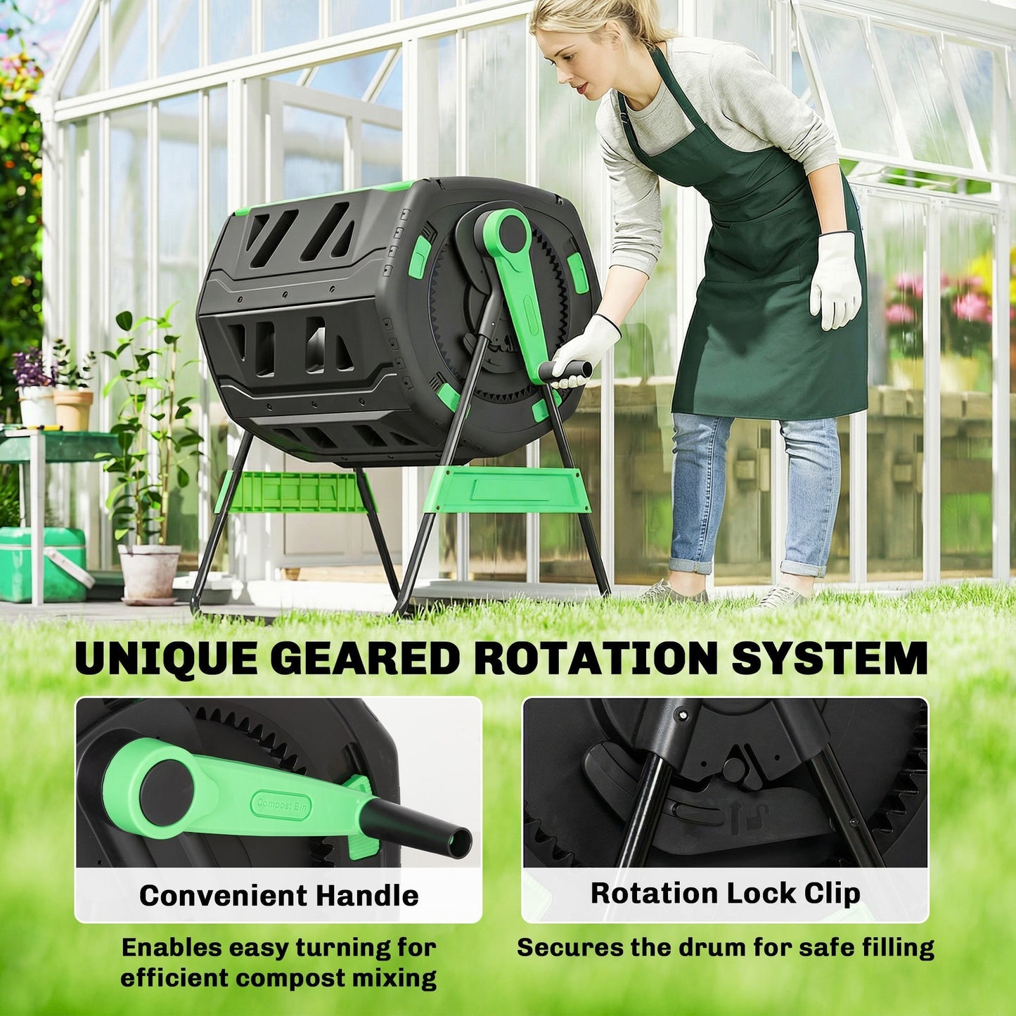 Outsunny Garden Compost Bin, 200L Dual Chamber Tumbling Composter with Adjustable Vents, BPA Free Compost Tumbler, Green