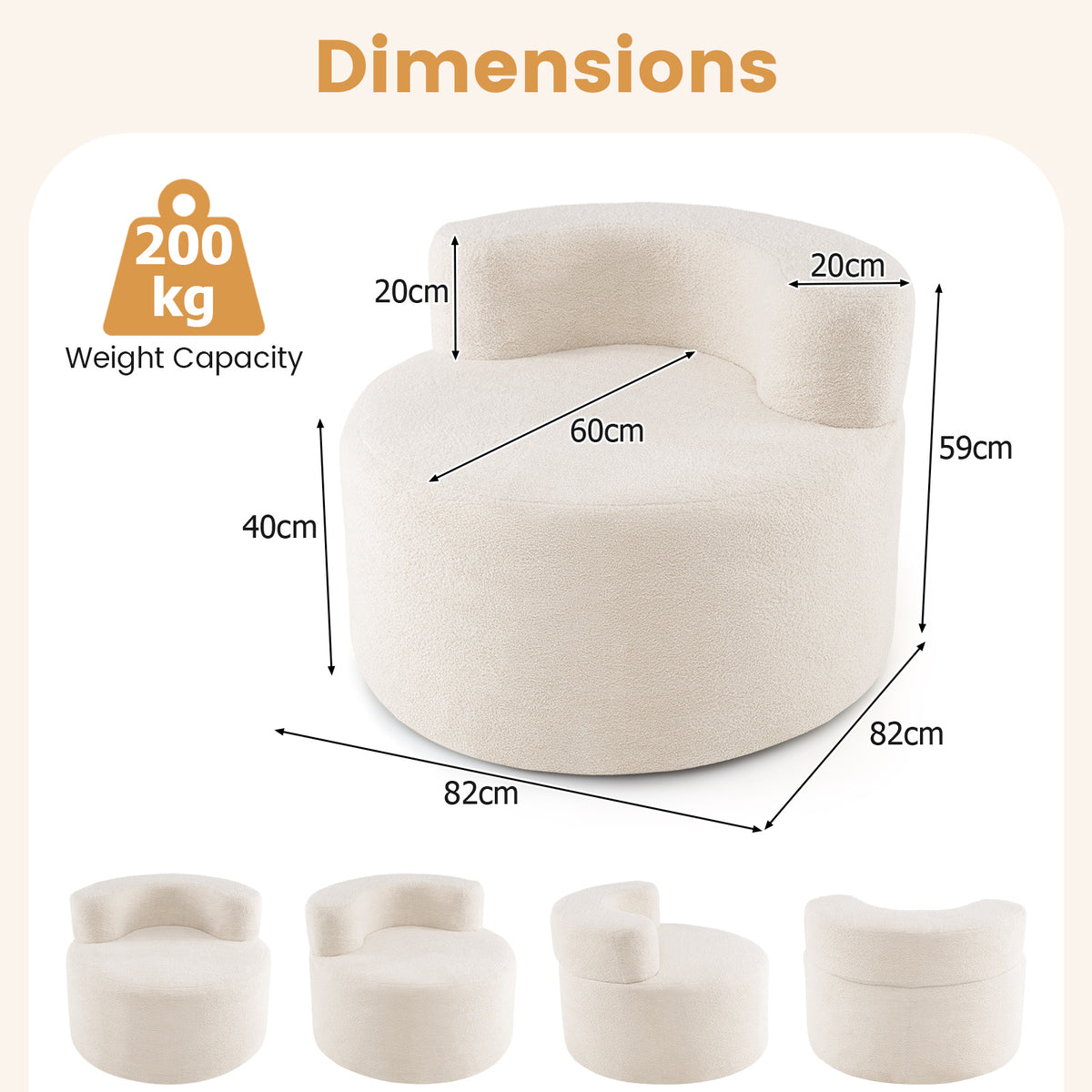 Bean Bag Chair with Soft Teddy Fleece and Curved Backrest-White