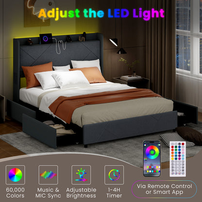 Double/King Size Bed Frame with LED Lights and Charging Station-King Size