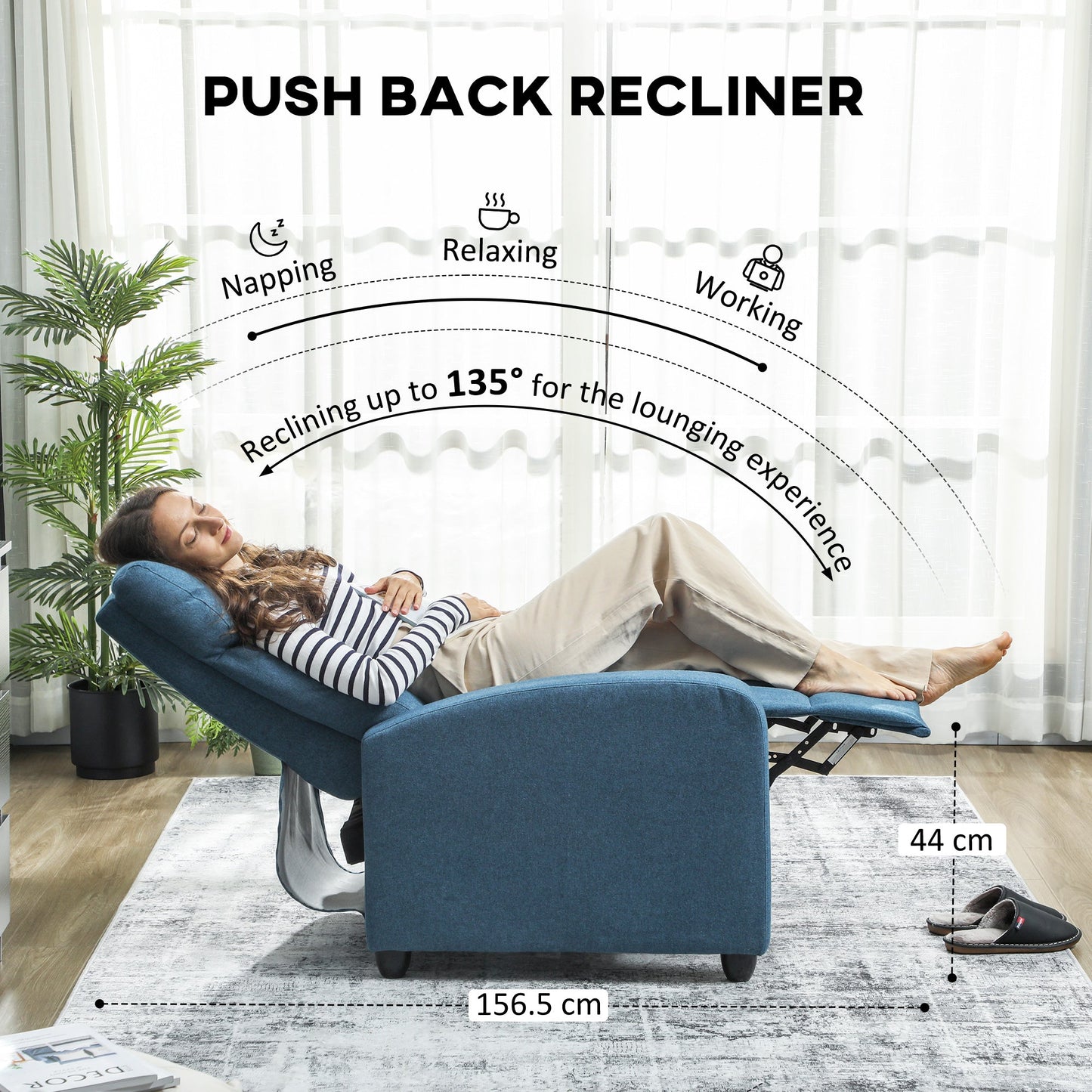 HOMCOM 135 Push Back Recliner Armchair, with Footrest - Blue