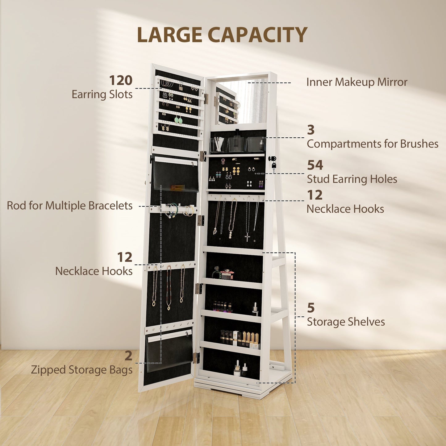 HOMCOM 360 degrees Swivel Jewellery Cabinet, Free Standing Full Length Mirror with Storage, Lockable Jewellery Organiser with Built-in Makeup Mirror and Storage Shelves for Bedroom, White