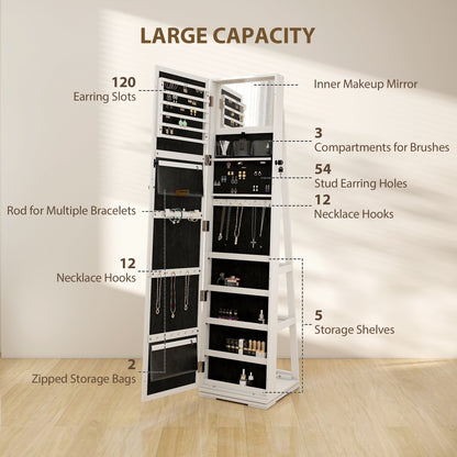 HOMCOM 360 degrees Swivel Jewellery Cabinet, Free Standing Full Length Mirror with Storage, Lockable Jewellery Organiser with Built-in Makeup Mirror and Storage Shelves for Bedroom, White