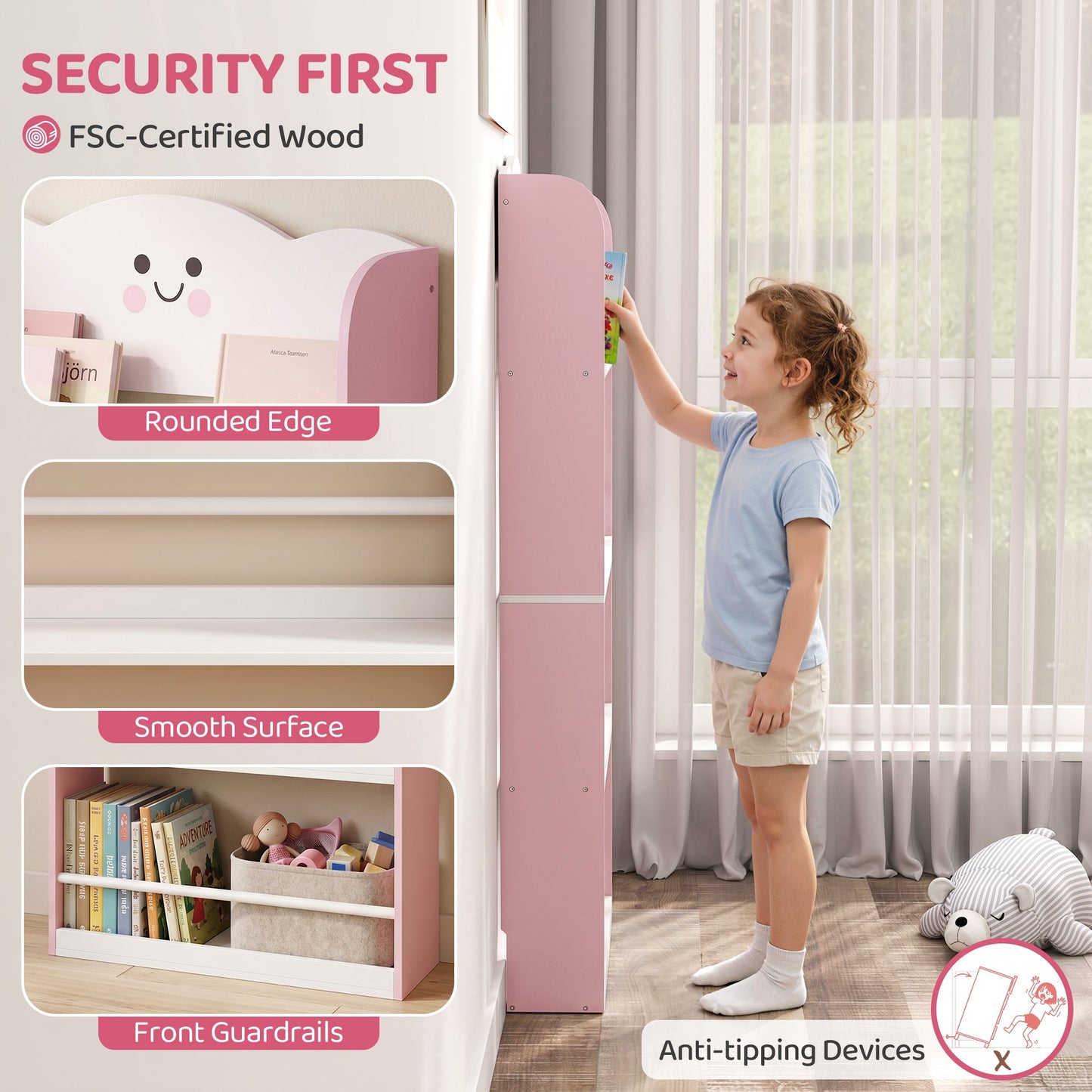 AIYAPLAY 4 Tier Kids Bookshelf, Wall-Mounted Children Bookcase, Toddler Space-Saving Bookcase for Kids Room, Playroom, Pink