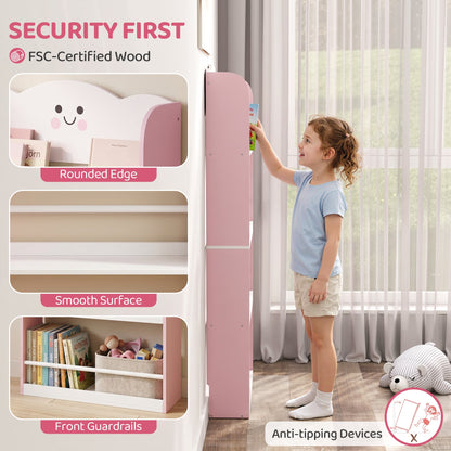 AIYAPLAY 4 Tier Kids Bookshelf, Wall-Mounted Children Bookcase, Toddler Space-Saving Bookcase for Kids Room, Playroom, Pink