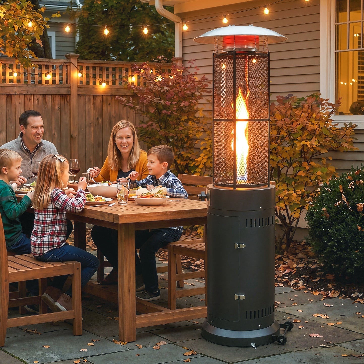 Outsunny 11 KW Freestanding Gas Patio Heater, Adjustable Outdoor Garden Propane Heater with Tip-Over Switch, Wheels, Pulse Ignition, Tank Room with Openable Door, Black