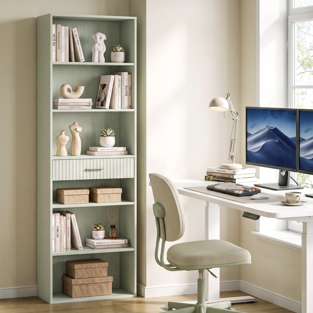HOMCOM Bookcase Narrow Tall Space-Saving Bookshelf Drawer Open Shelves in Light Green