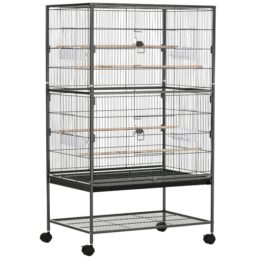 PawHut Large Bird Cage Budgie Cage for Finch Canaries Parakeet with Rolling Stand, Slide-out Tray, Storage Shelf, Food Containers, Dark Grey