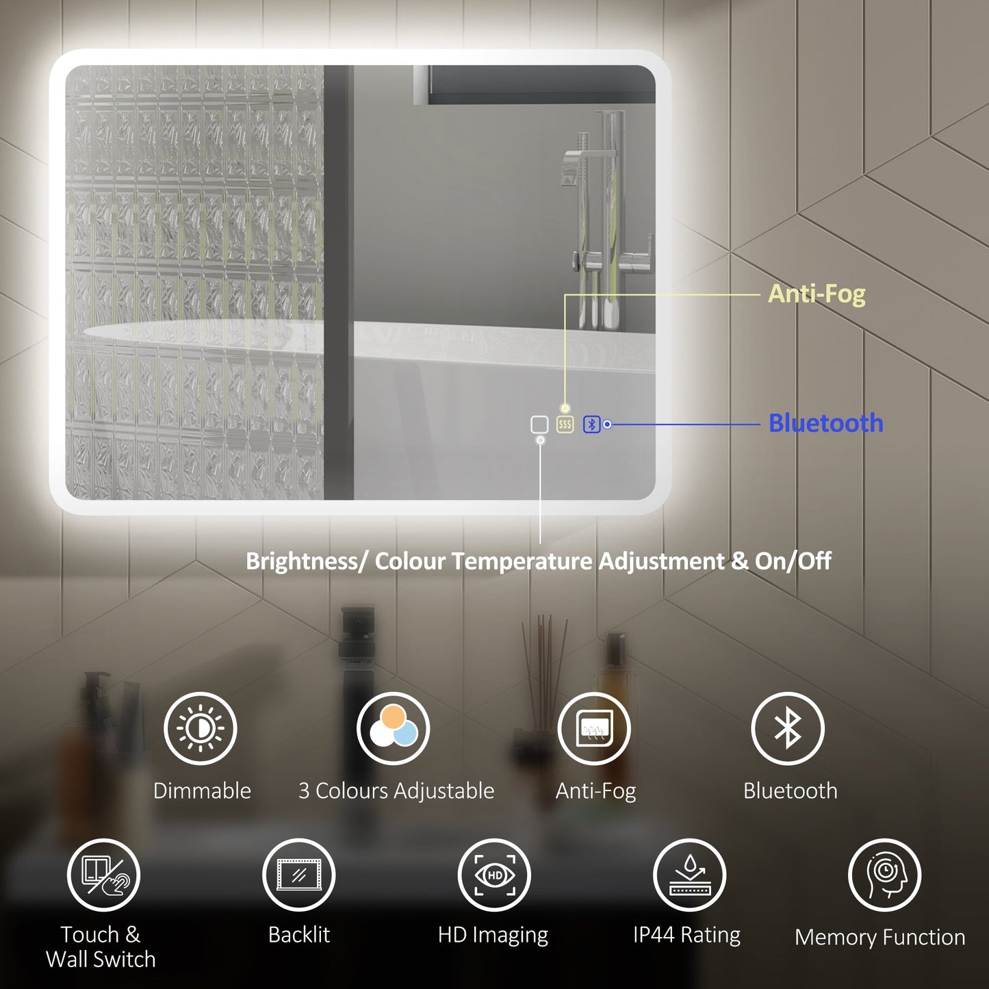 مرآة حمام LED من هوم كوم 80 × 60 سم، مع بلوتوث - لون فضي