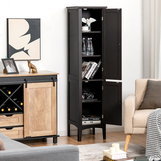 The floor cabinet standing in a living room with both doors open to reveal items on the shelves