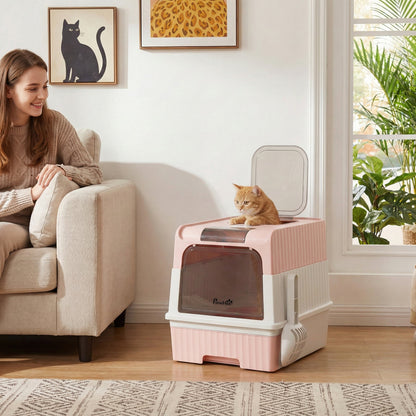 PawHut Enclosed Cat Litter Box with Lid, Pull-Out Drawer Tray, Scoop, 4 Deodorisation Bags, Front Entry & Top Exit, Pink