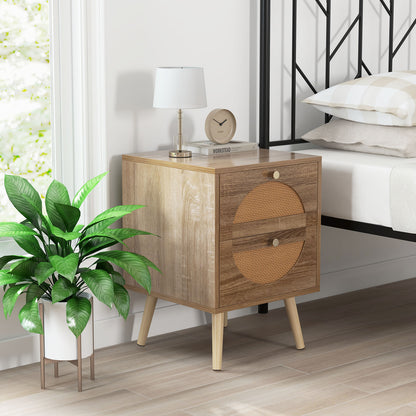 Bohemian Style Rattan Nightstand End Side Table with 2 Drawers-Oak
