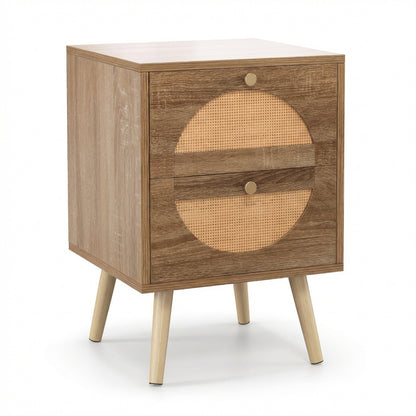Bohemian Style Rattan Nightstand End Side Table with 2 Drawers-Oak