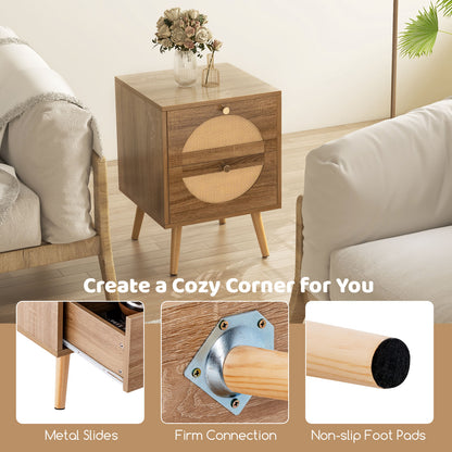 Bohemian Style Rattan Nightstand End Side Table with 2 Drawers-Oak