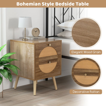 Bohemian Style Rattan Nightstand End Side Table with 2 Drawers-Oak