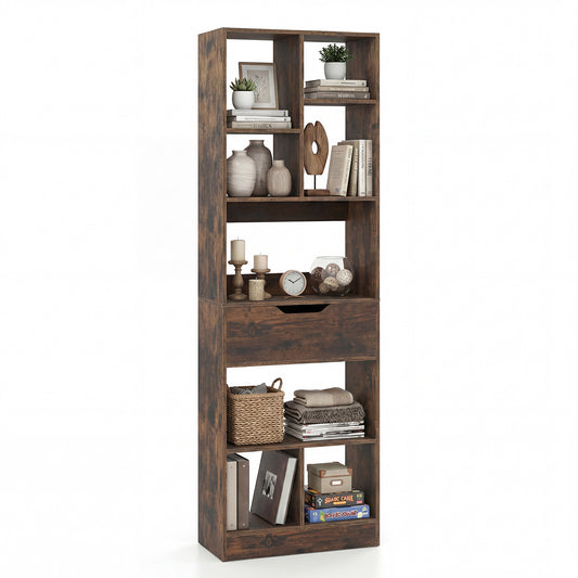 Bookcase with Drawer & 8 Open Cubes and Anti-Toppling Kits for Office Study-Rustic Brown