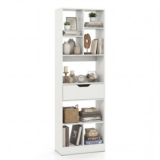 Bookcase with Drawer & 8 Open Cubes and Anti-Toppling Kits for Office Study-White