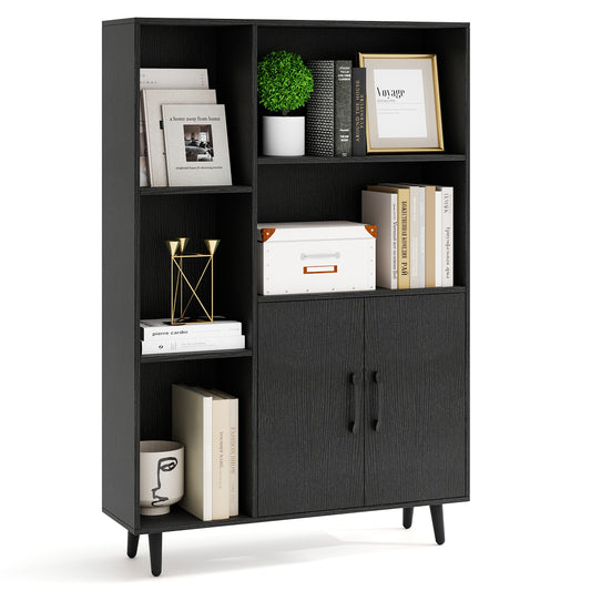Bookcase with 5 Open Compartments and Double Doors Storage Cabinet-Black