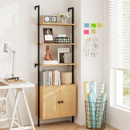 Bookcase with Rattan Cabinet and Adjustable Shelf-Natural