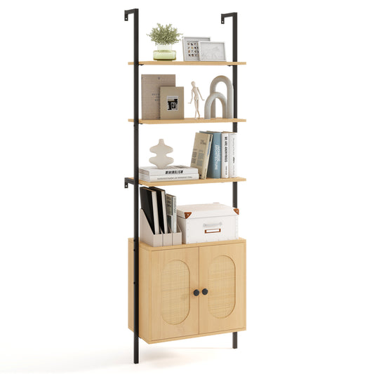Bookcase with Rattan Cabinet and Adjustable Shelf-Natural