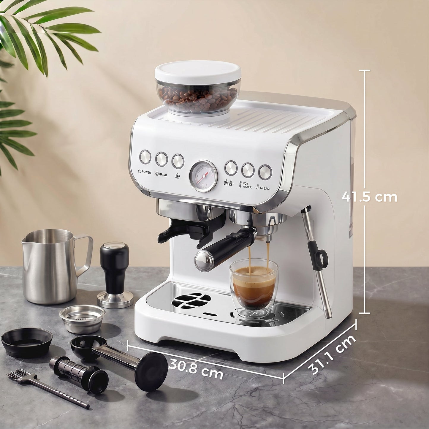 HOMCOM Bean to Cup Coffee Machine, Espresso Machine with Integrated Bean Grinder & Steam Wand, White