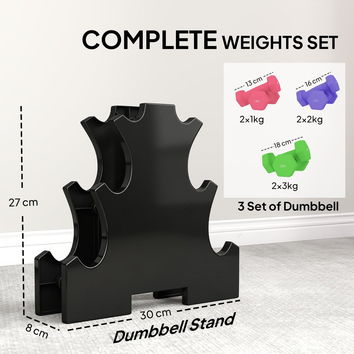 SPORTNOW Hex Dumbbells Set with Dumbbell Rack, Hand Weights for Strength Training Weight Lifting, 2 x 1kg, 2 x 2kg, 2 x 3kg