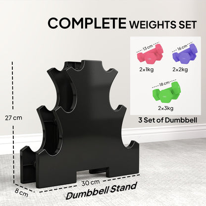 SPORTNOW Hex Dumbbells Set with Dumbbell Rack, Hand Weights for Strength Training Weight Lifting, 2 x 1kg, 2 x 2kg, 2 x 3kg
