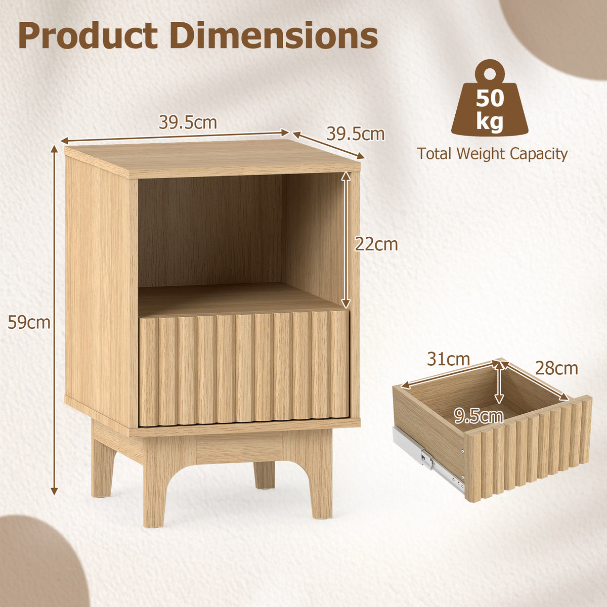 Brooklyn Fluted Modern Nightstand Set of 2 with Compartment-Natural