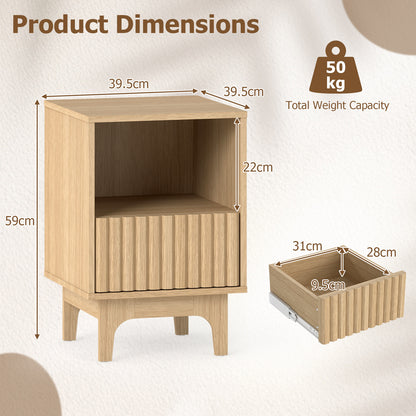 Brooklyn Fluted Modern Nightstand Set of 2 with Compartment-Natural