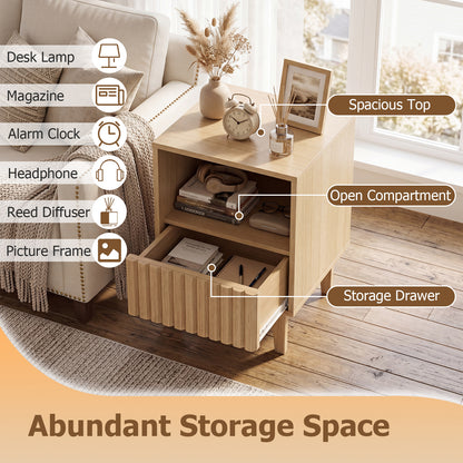 Brooklyn Fluted Modern Nightstand Set of 2 with Compartment-Natural