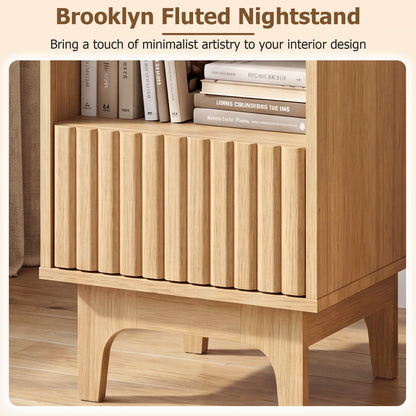 Brooklyn Fluted Nightstand Modern Wooden Night Stand with Open Compartment-Natural