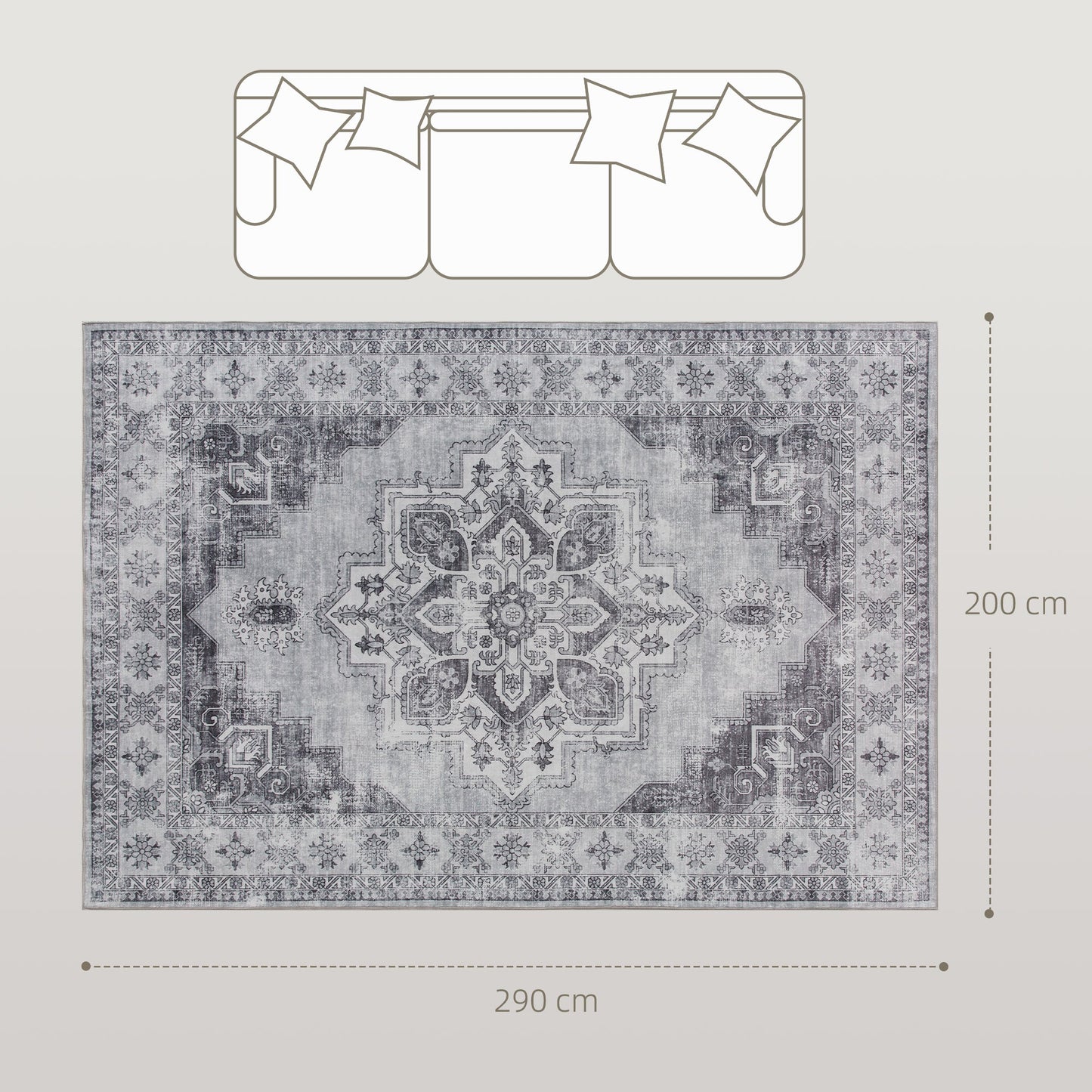 HOMCOM Vintage Area Rug, Non-Slip Washable Rug, Flannel Floor Carpet for Living Room, Bedroom, Dining Room, Home Office, 290 x 200 cm, Grey