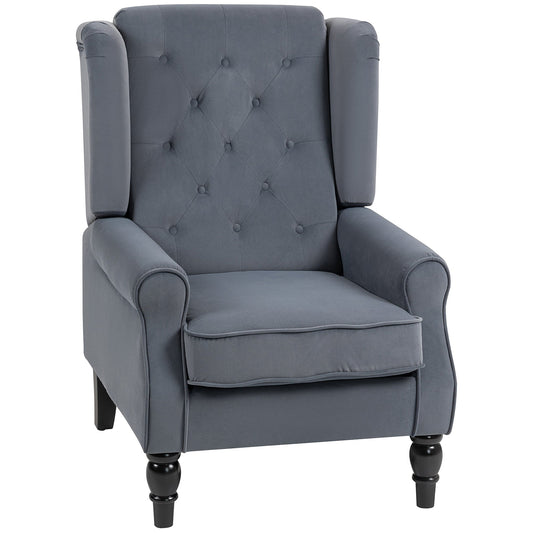 HOMCOM Wingback Accent Chair in grey with button tufting and dark wooden legs on a white background