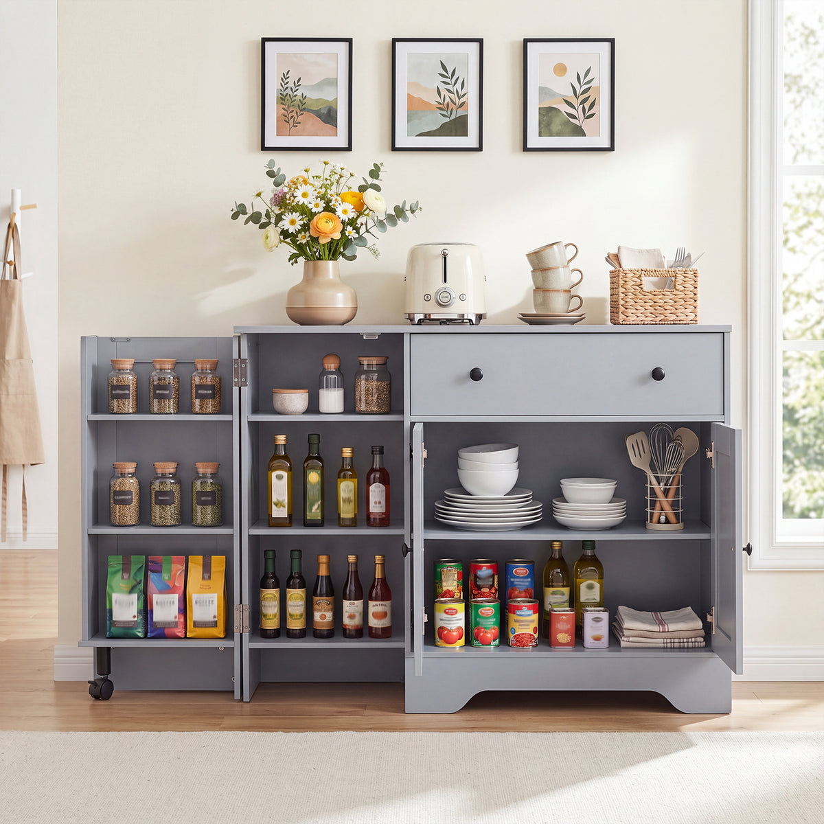 Buffet Cabinet with Storage with 3 Doors Drawers and Shelves-Grey