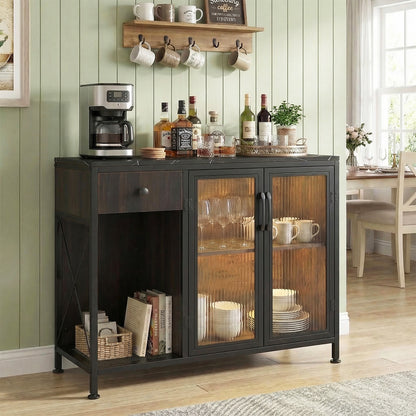Buffet Sideboard with Power Outlets and LED Light Kitchen Storage Cabinet-Black