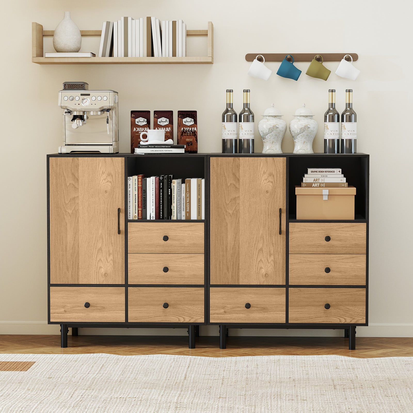 Buffet Sideboard Mid Century Modern Storage Cabinet with 4 Drawers-Black
