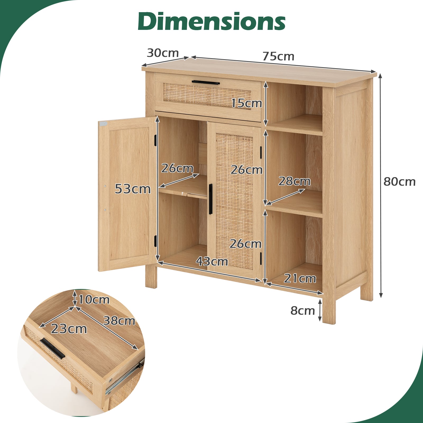 Buffet Sideboard with Rattan Woven Doors and Adjustable Shelf-Natural