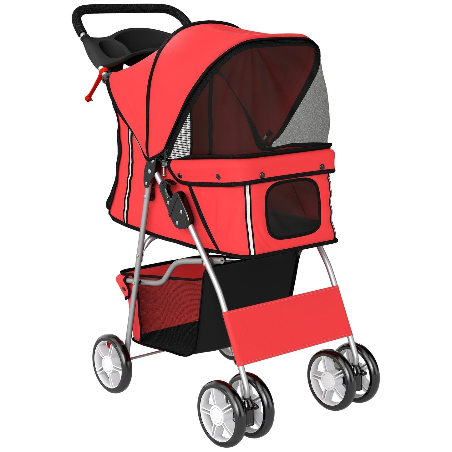 PawHut Dog Pram, Pet Stroller with Reflective Strips, Foldable Cat Stroller with 360 degrees Swivel Wheels, Red