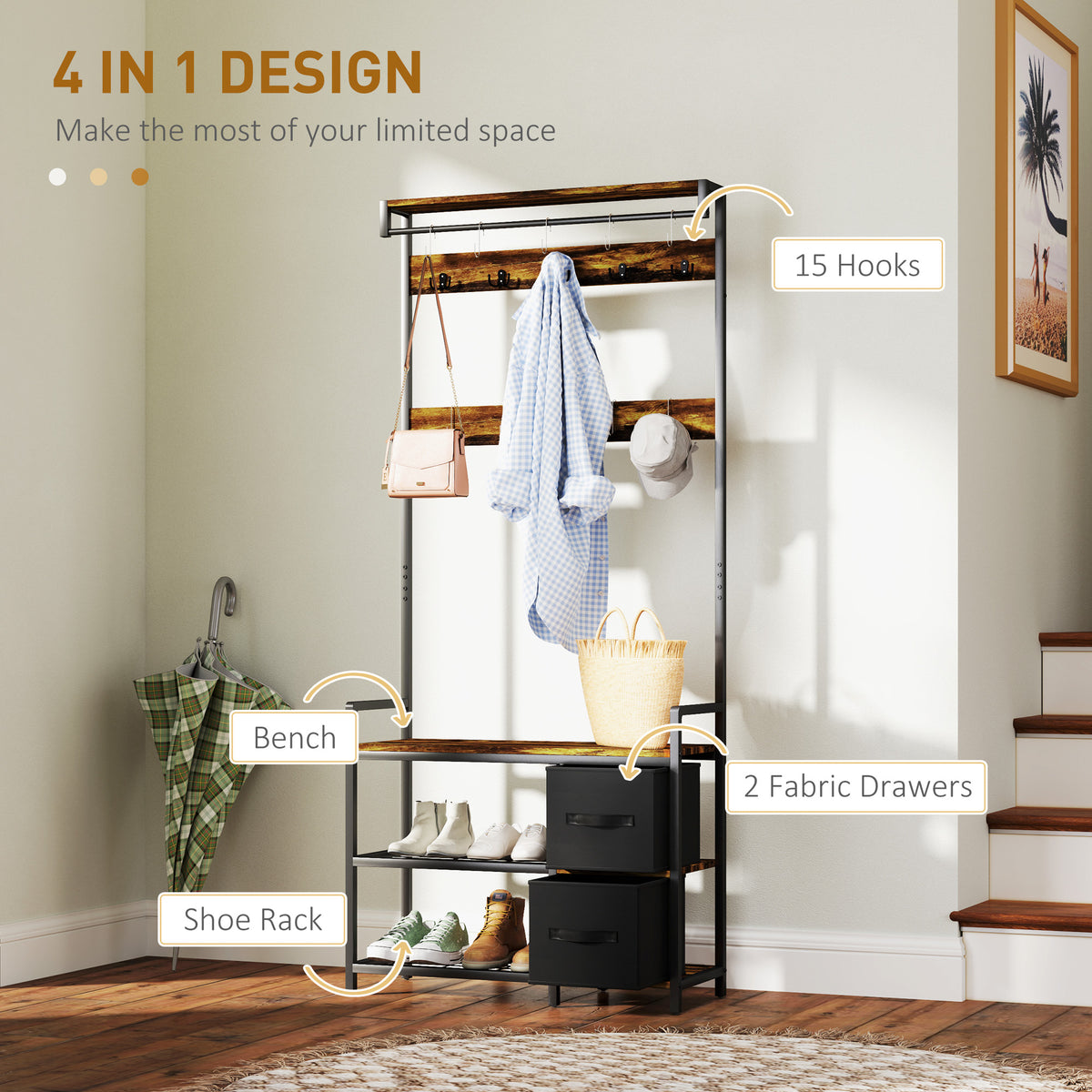 HOMCOM Industrial-Style Multi-Use Hallway Tree in Rustic Brown