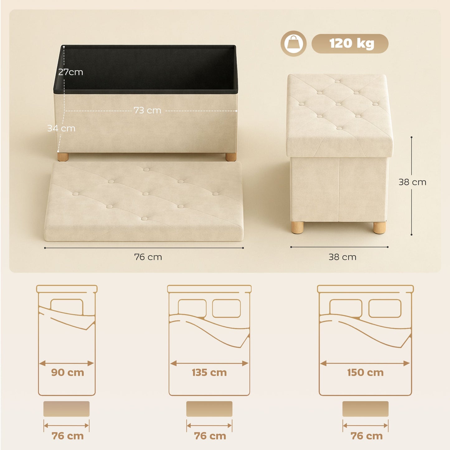 HOMCOM Velvet Upholstered Foldable Ottoman Footrest, Storage Ottoman Bench with Wood Legs for Living Room, Cream White