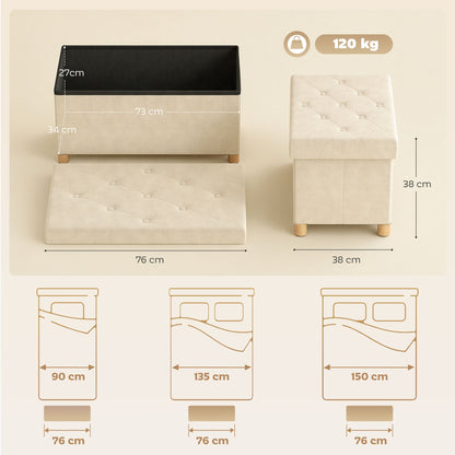 HOMCOM Velvet Upholstered Foldable Ottoman Footrest, Storage Ottoman Bench with Wood Legs for Living Room, Cream White