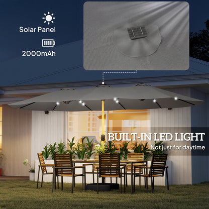 مظلة حديقة مزدوجة الجوانب من Outsunny مع قاعدة مرفقة و48 مصباح LED يعمل بالطاقة الشمسية، مظلة فناء بمقبض تدوير 4.6 متر، رمادي فاتح