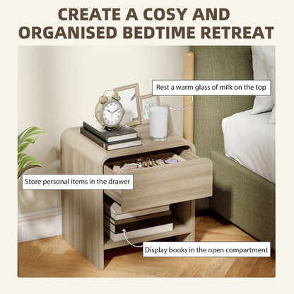 HOMCOM Bedside Tables Set of 2, Nightstands with Rounded Corners, Modern Side Table with Silent Drawer for Bedroom, Natural