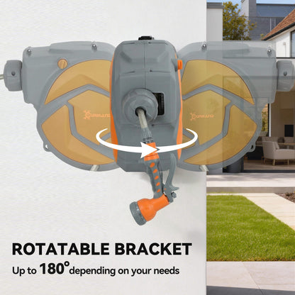 DURHAND 10m Garden Hose Reel Wall Mounted Auto Rewind with 7 Patterns Spray Nozzle, Includes Wall Fixings, Orange